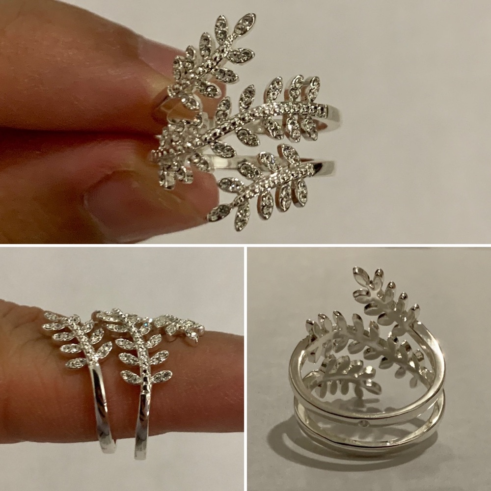 Diamond Leaf Silver Plated Ring Size 8 - image 1
